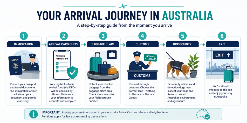 Step-by-step diagram of the Australia arrival process at the airport